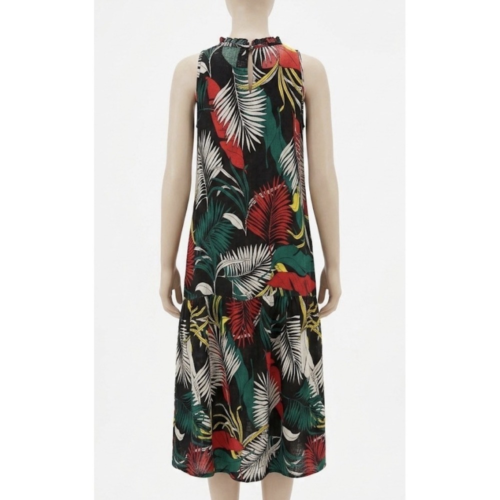 Piazza Del Tempio Linen Dress Women's Medium Palm Leaf Tropical Sleeveless Midi